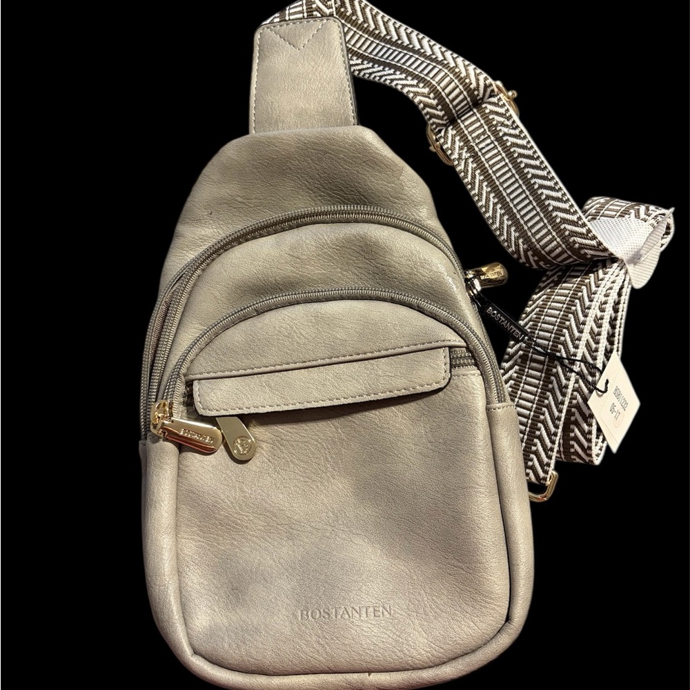 Light Gray Crossbody Bag with Patterned Strap.. New